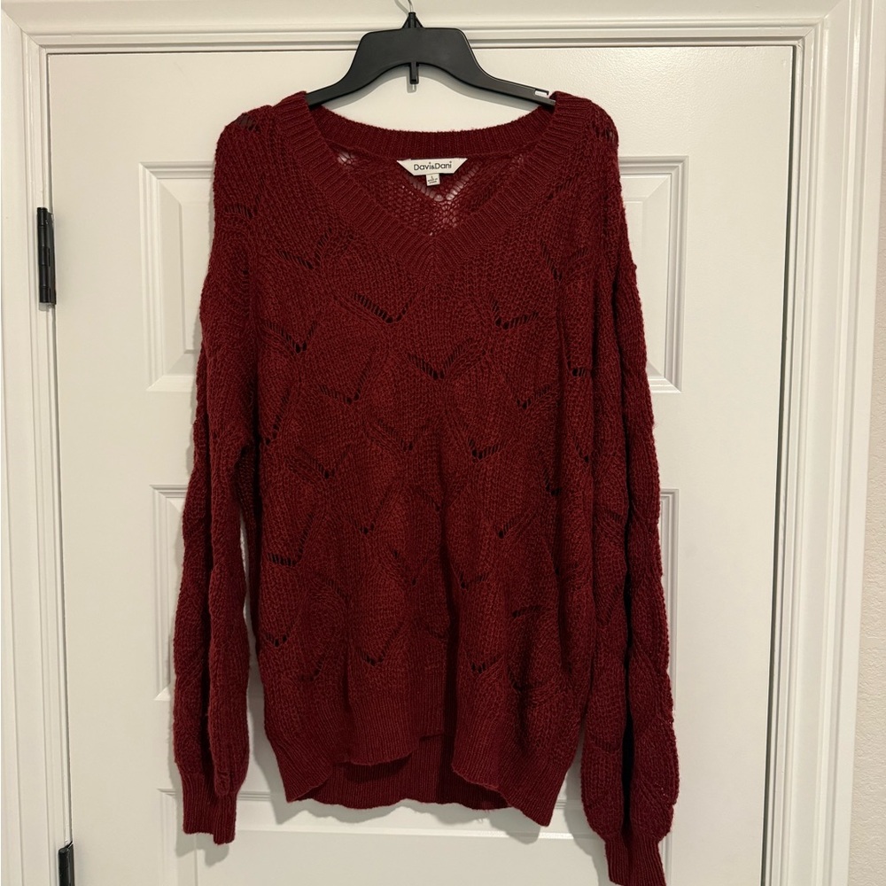 DAVI & DANI Open-Knit V-Neck Sweater in Burgundy